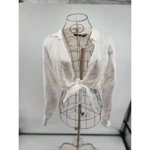 ZARA Womens White Long sleeve 100% Linen Tie Front Crop Top Size Medium